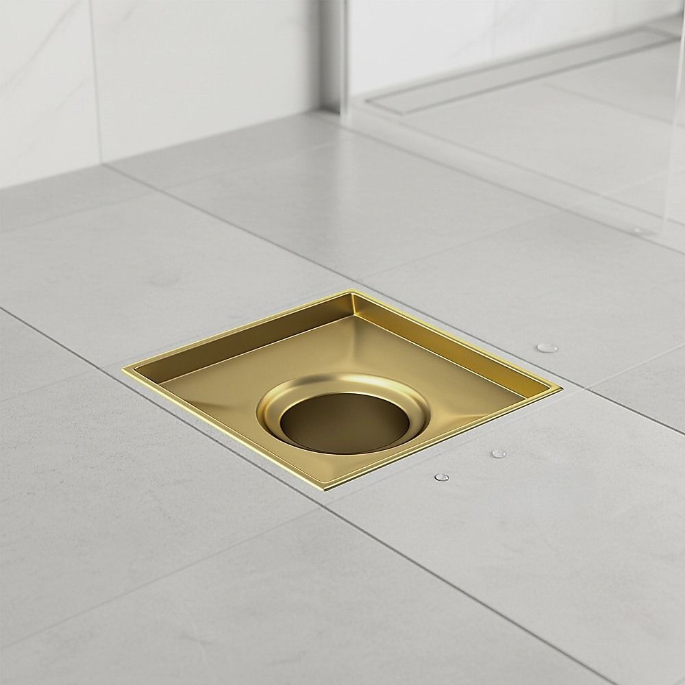15x15cm Square Shower Drain with Removable Tile Insert Grate – Brushed Gold 304SS, CUPC Certified for Modern Bathrooms