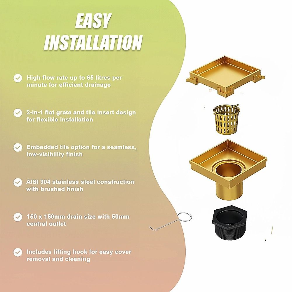 15x15cm Square Shower Drain with Removable Tile Insert Grate – Brushed Gold 304SS, CUPC Certified for Modern Bathrooms