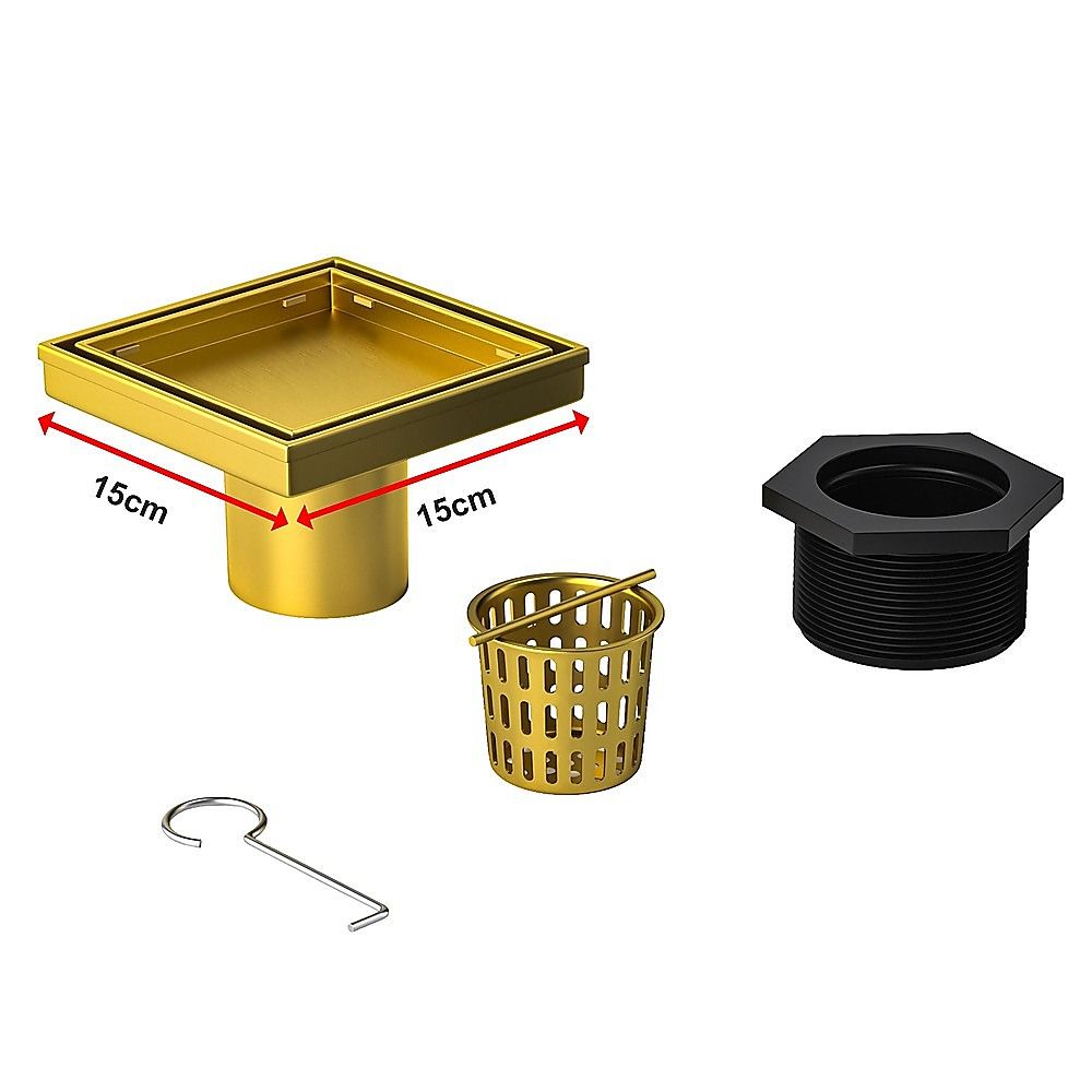 15x15cm Square Shower Drain with Removable Tile Insert Grate – Brushed Gold 304SS, CUPC Certified for Modern Bathrooms