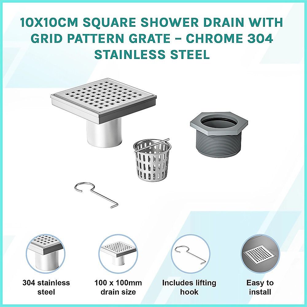 10x10cm Square Shower Drain with Grid Pattern Grate – 304 Stainless Steel, CUPC Certified with Hair Strainer