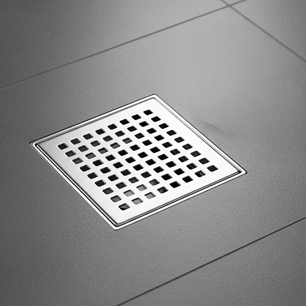 10x10cm Square Shower Drain with Grid Pattern Grate – 304 Stainless Steel, CUPC Certified with Hair Strainer