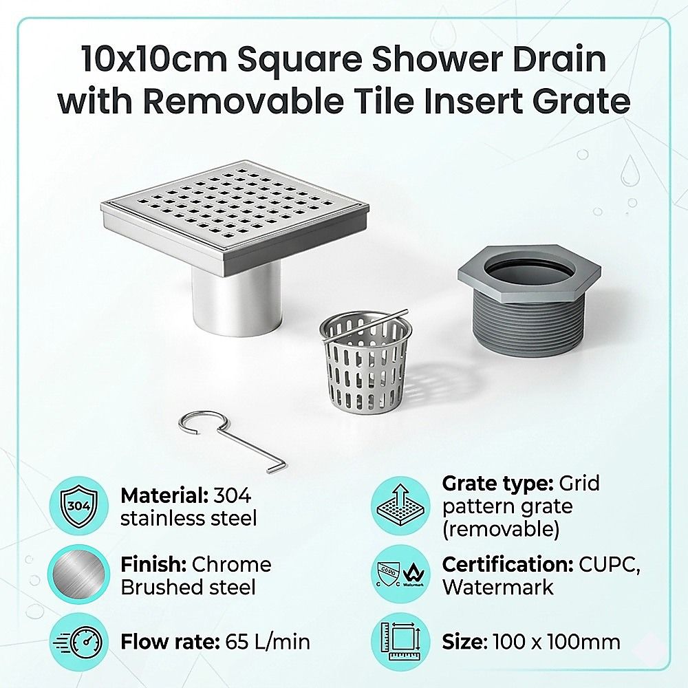 10x10cm Square Shower Drain with Grid Pattern Grate – 304 Stainless Steel, CUPC Certified with Hair Strainer