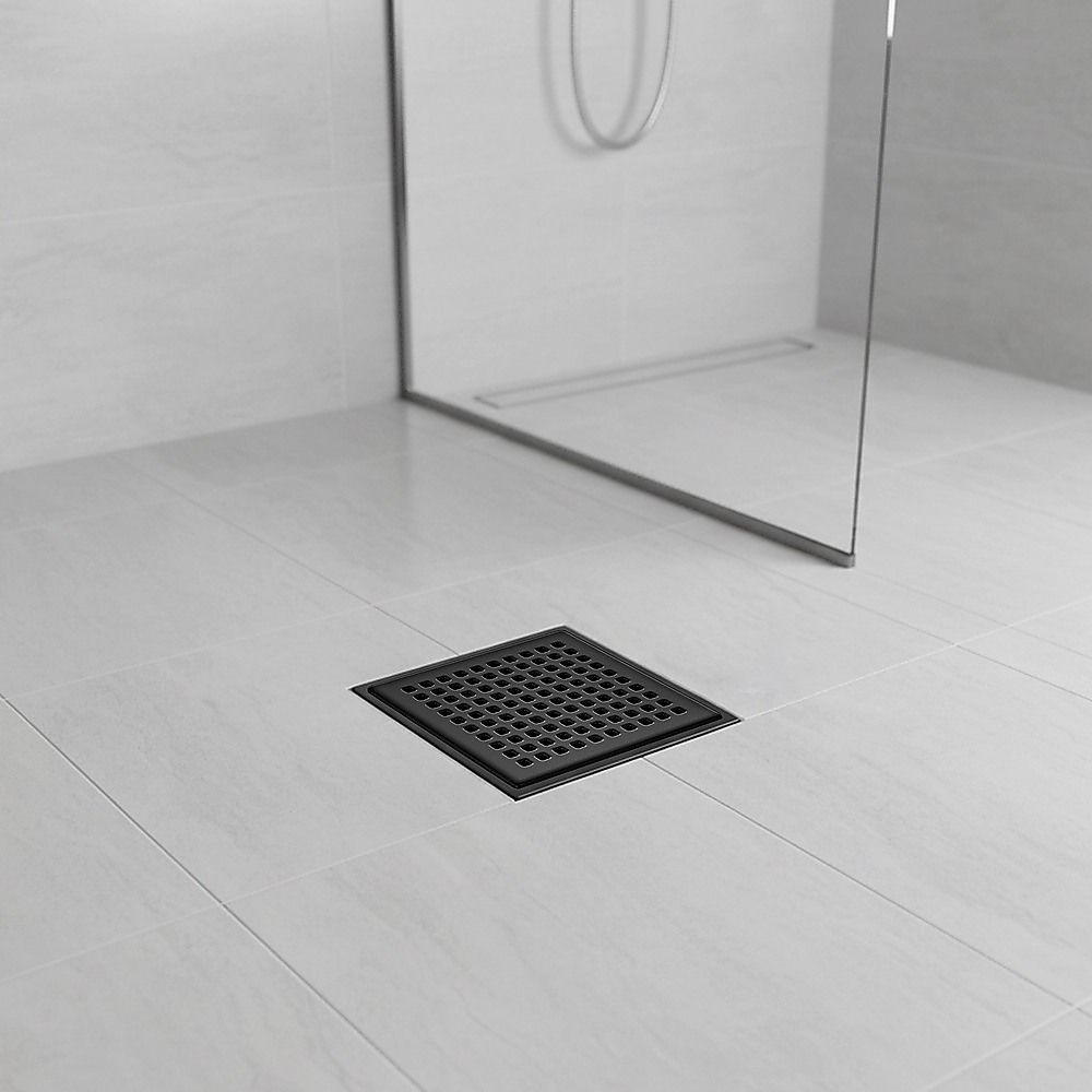 10x10cm Square Shower Drain with Grid Pattern Grate – Matte Black 304SS, CUPC Certified with Hair Strainer