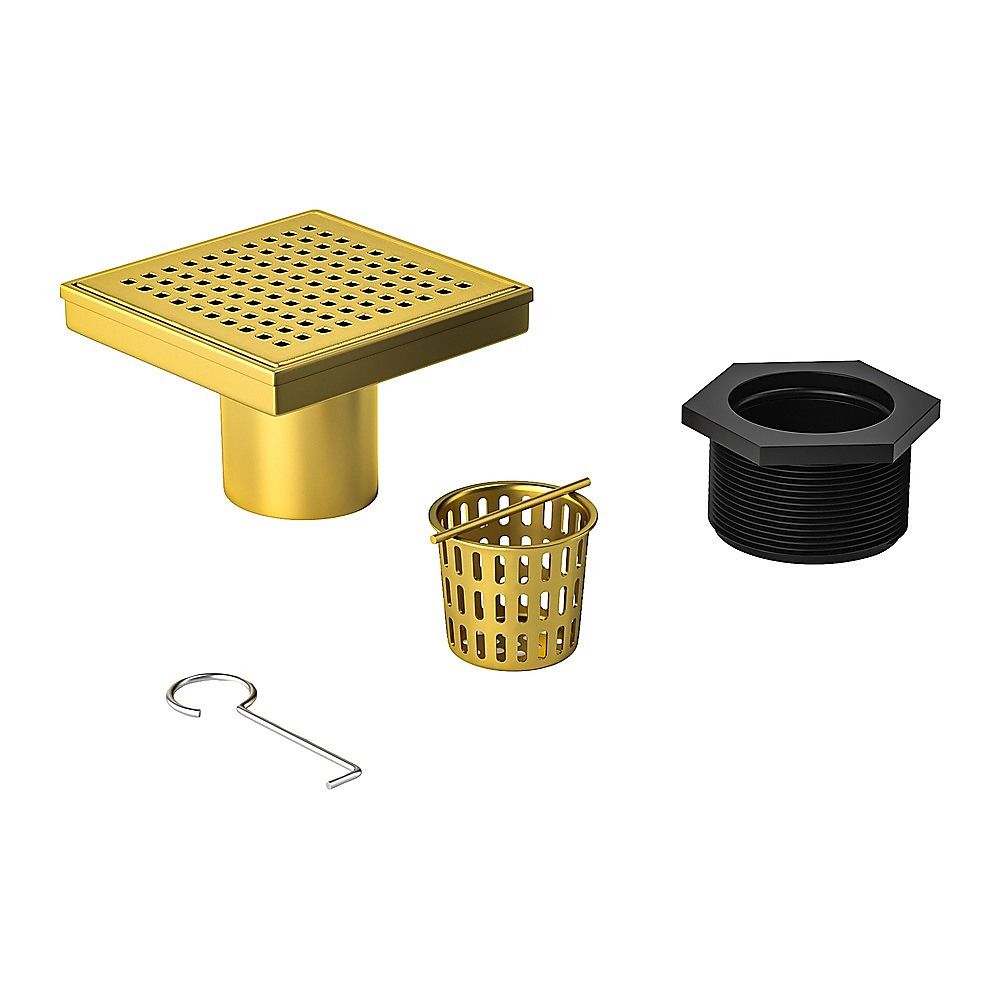 10x10cm Square Shower Drain with Grid Pattern Grate – Brushed Gold 304SS, CUPC Certified with Hair Strainer