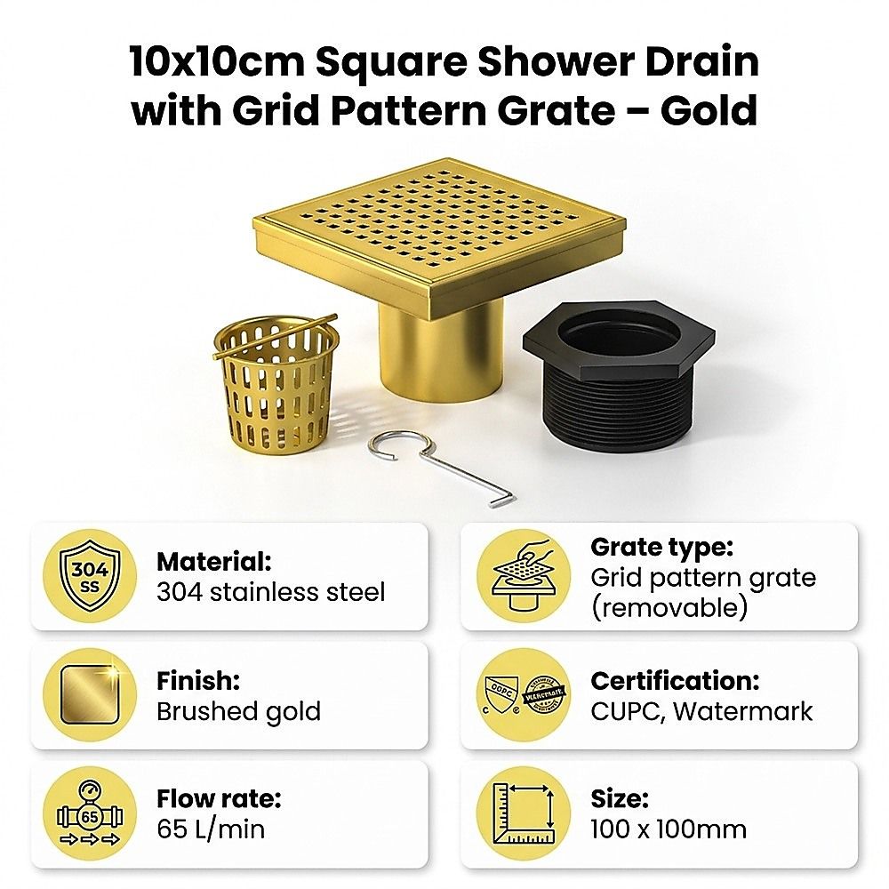 10x10cm Square Shower Drain with Grid Pattern Grate – Brushed Gold 304SS, CUPC Certified with Hair Strainer
