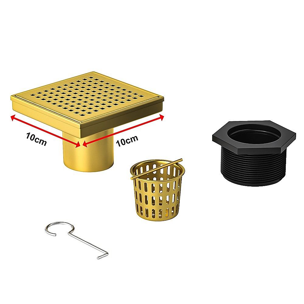 10x10cm Square Shower Drain with Grid Pattern Grate – Brushed Gold 304SS, CUPC Certified with Hair Strainer