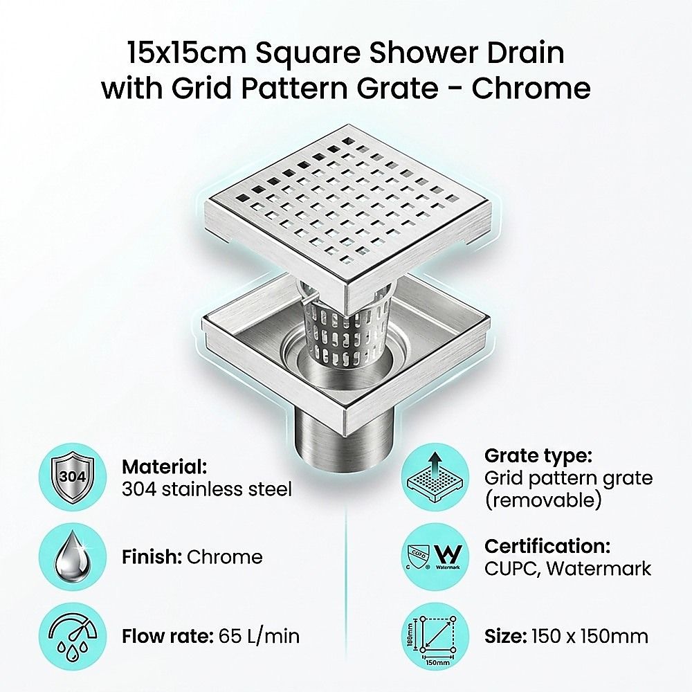 15x15cm Square Shower Drain with Grid Pattern Grate – 304 SS, CUPC Certified with Hair Strainer