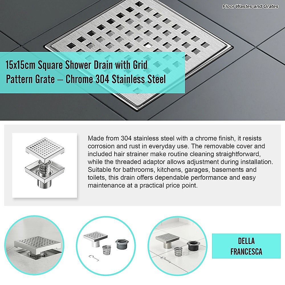 15x15cm Square Shower Drain with Grid Pattern Grate – 304 SS, CUPC Certified with Hair Strainer