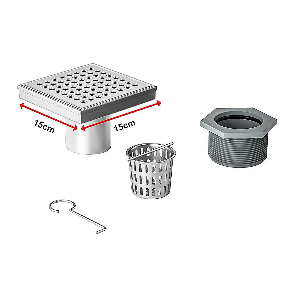 15x15cm Square Shower Drain with Grid Pattern Grate – 304 SS, CUPC Certified with Hair Strainer