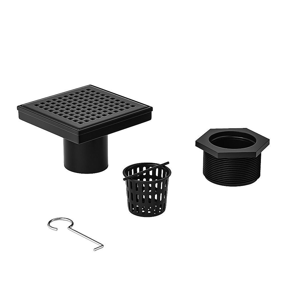 15x15cm Square Shower Drain with Grid Pattern Grate – Matte Black 304SS, CUPC Certified with Hair Strainer