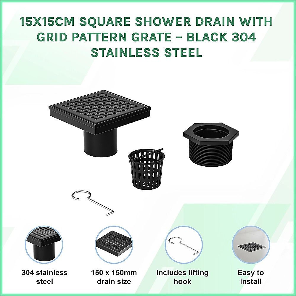 15x15cm Square Shower Drain with Grid Pattern Grate – Matte Black 304SS, CUPC Certified with Hair Strainer