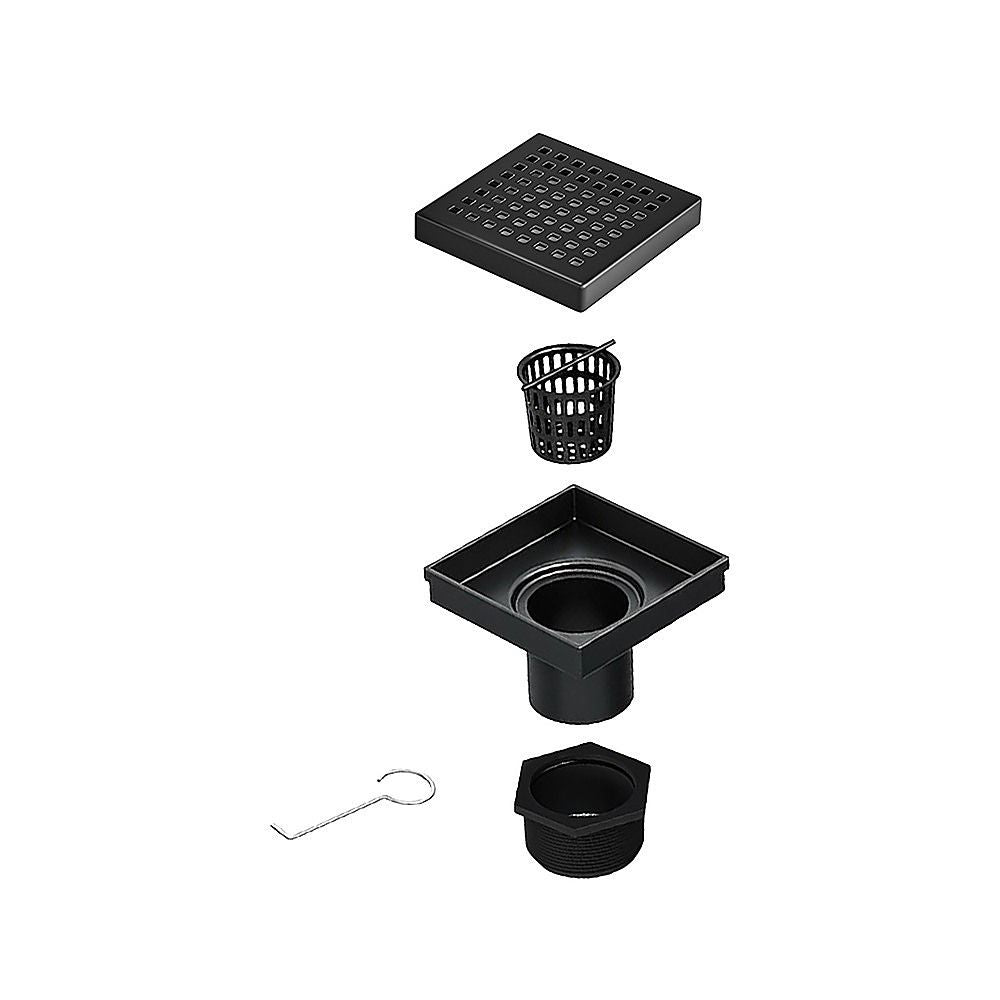15x15cm Square Shower Drain with Grid Pattern Grate – Matte Black 304SS, CUPC Certified with Hair Strainer