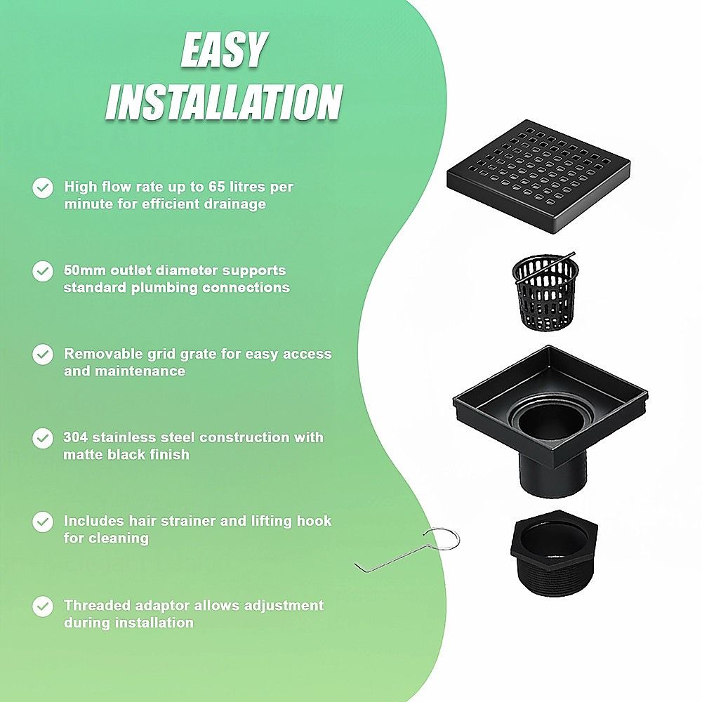 15x15cm Square Shower Drain with Grid Pattern Grate – Matte Black 304SS, CUPC Certified with Hair Strainer