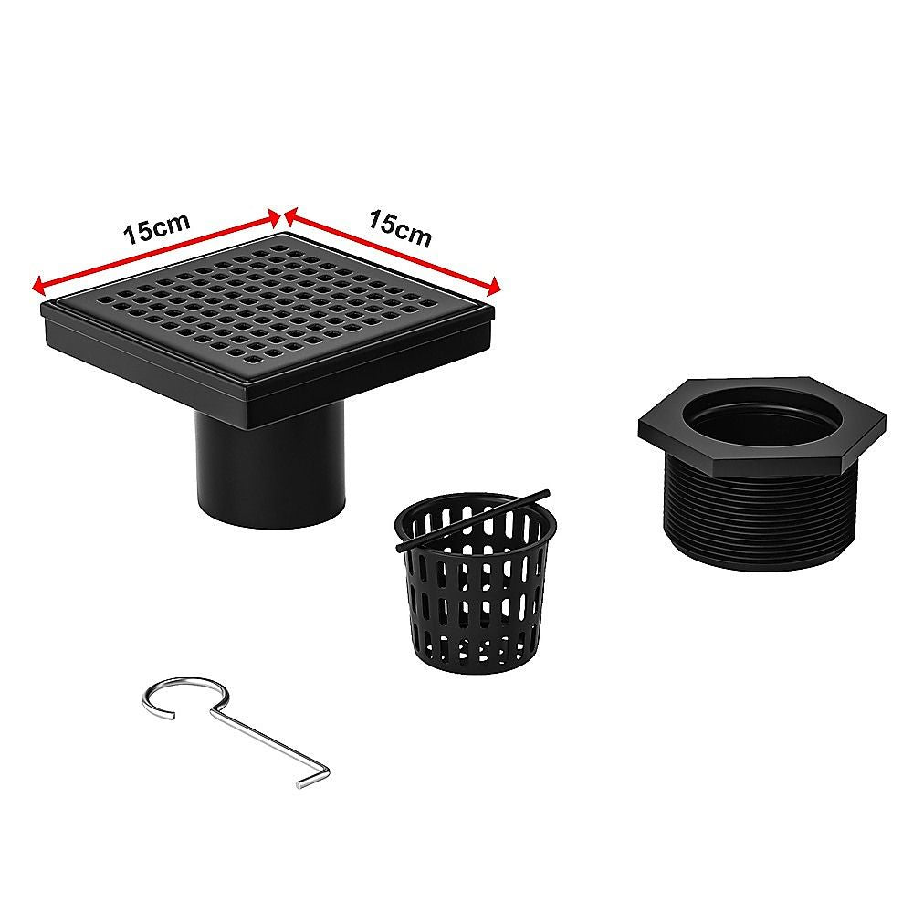 15x15cm Square Shower Drain with Grid Pattern Grate – Matte Black 304SS, CUPC Certified with Hair Strainer