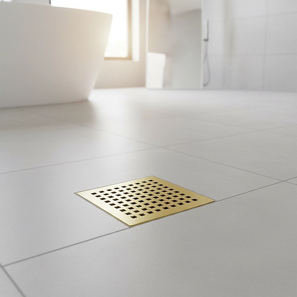 15x15cm Square Shower Drain with Grid Pattern Grate – Brushed Gold 304SS, CUPC Certified with Hair Strainer