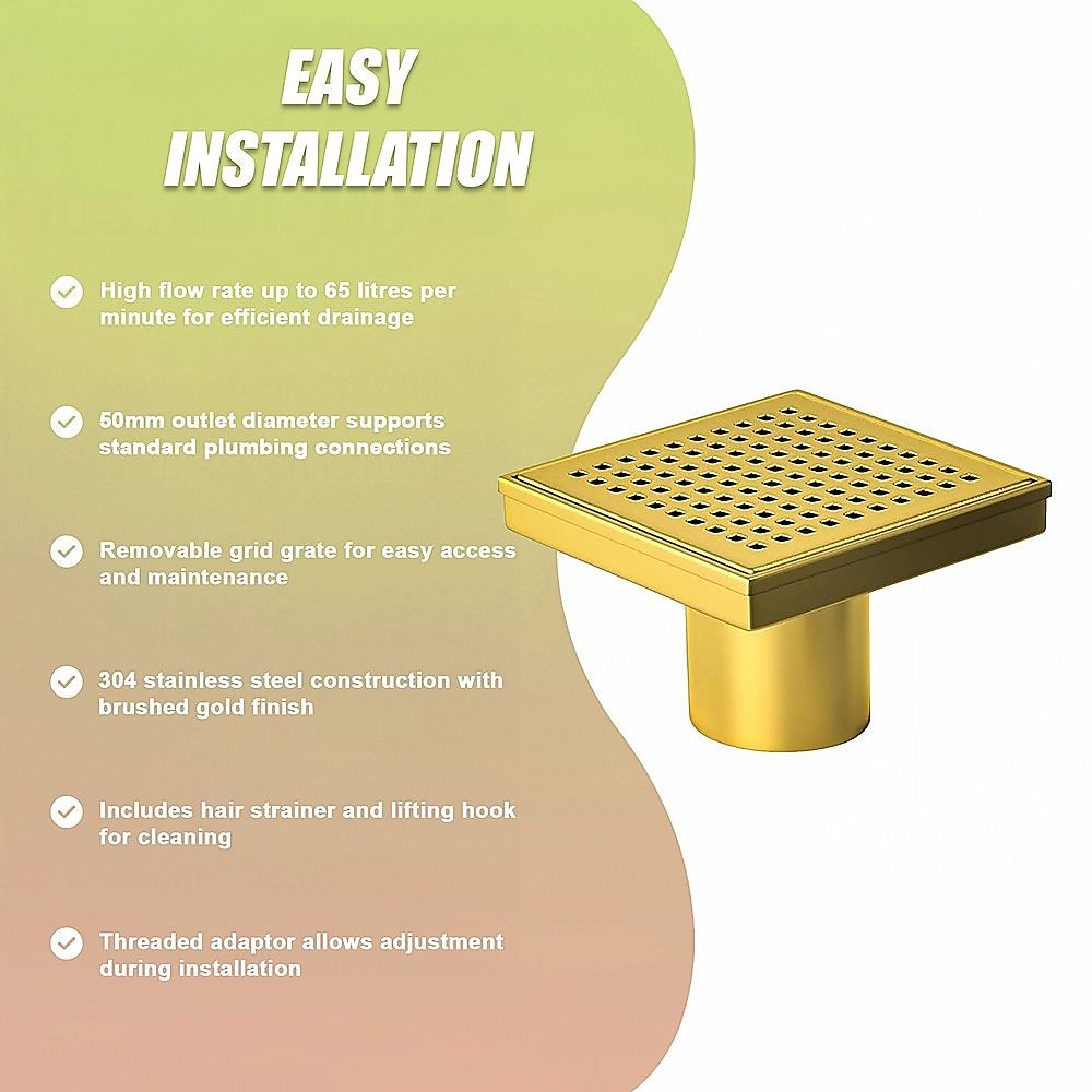 15x15cm Square Shower Drain with Grid Pattern Grate – Brushed Gold 304SS, CUPC Certified with Hair Strainer