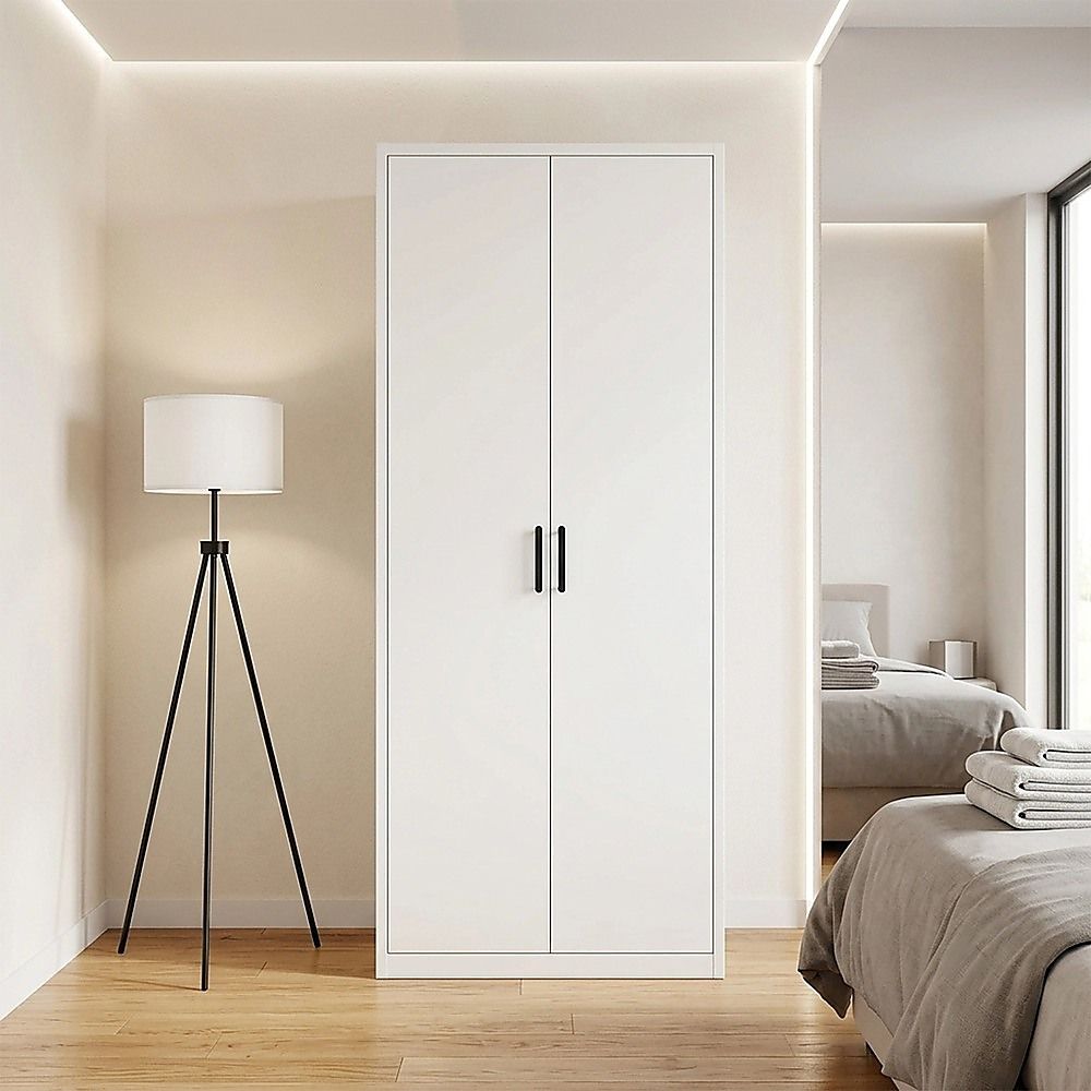 80x200cm 2-Door White Steel Hanging Wardrobe with Black Handle Storage Cabinet