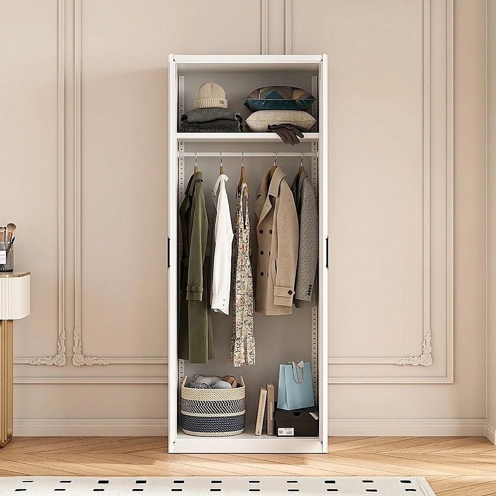 80x200cm 2-Door White Steel Hanging Wardrobe with Black Handle Storage Cabinet
