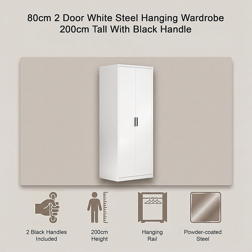 80x200cm 2-Door White Steel Hanging Wardrobe with Black Handle Storage Cabinet