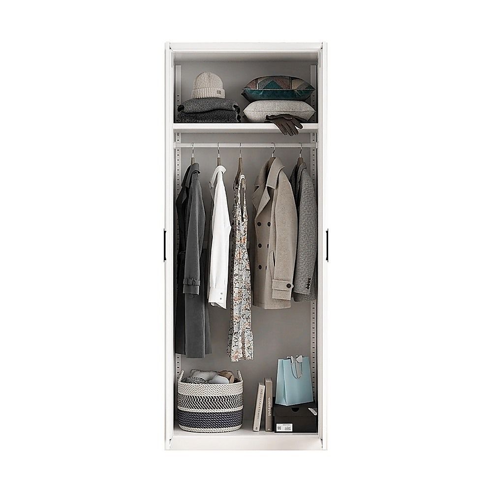 80x200cm 2-Door White Steel Hanging Wardrobe with Black Handle Storage Cabinet