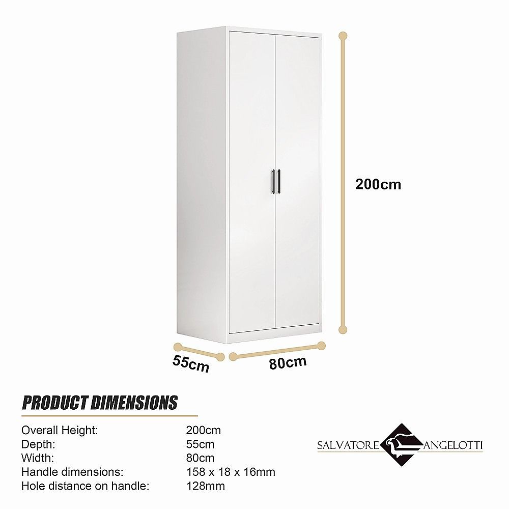 80x200cm 2-Door White Steel Hanging Wardrobe with Black Handle Storage Cabinet