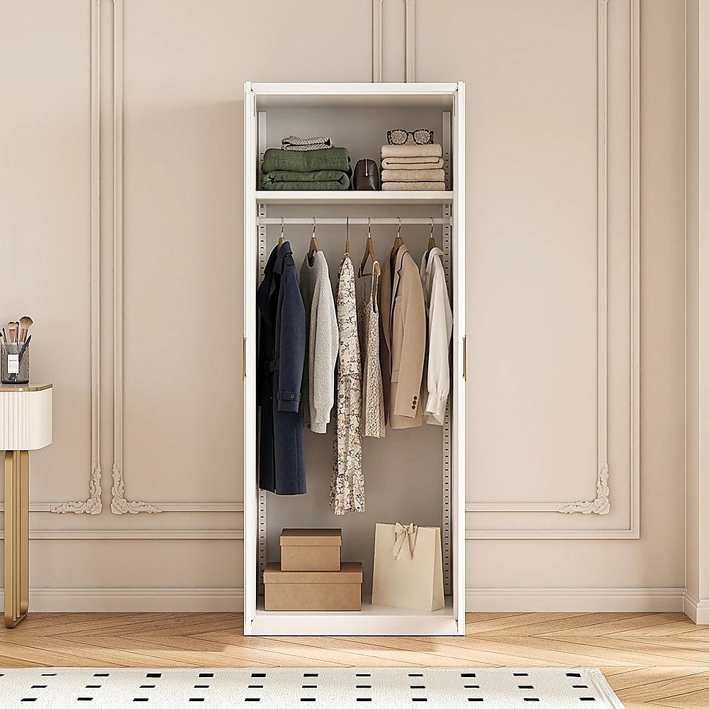 80x200cm 2-Door White Steel Hanging Wardrobe with Gold Handle Storage Cabinet