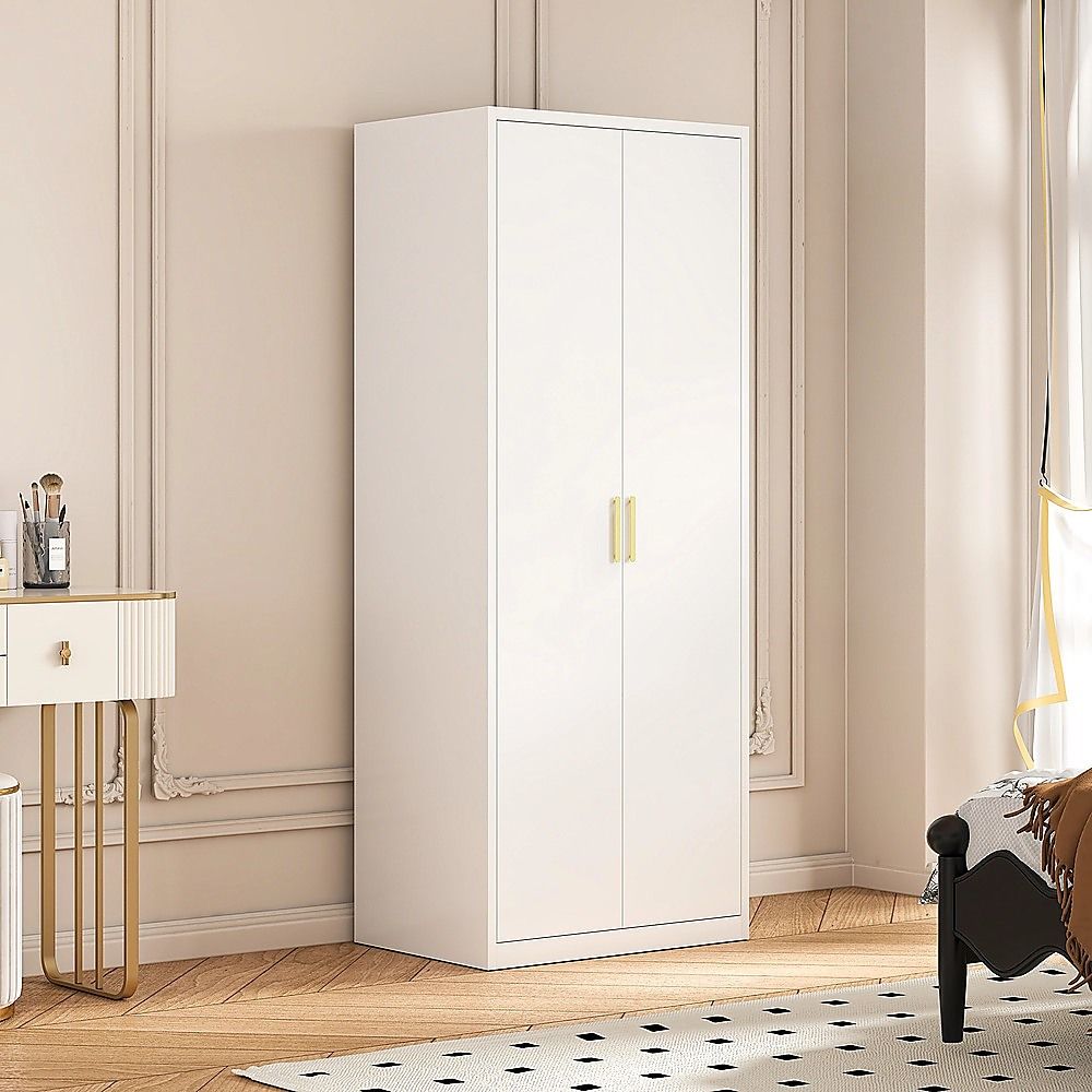 80x200cm 2-Door White Steel Hanging Wardrobe with Gold Handle Storage Cabinet