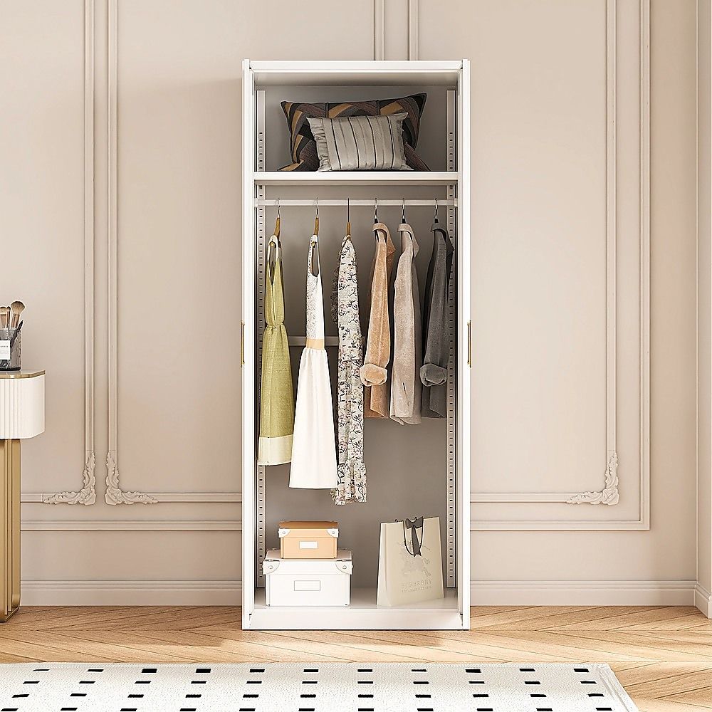80x200cm 2-Door White Steel Hanging Wardrobe with Gold Handle Storage Cabinet