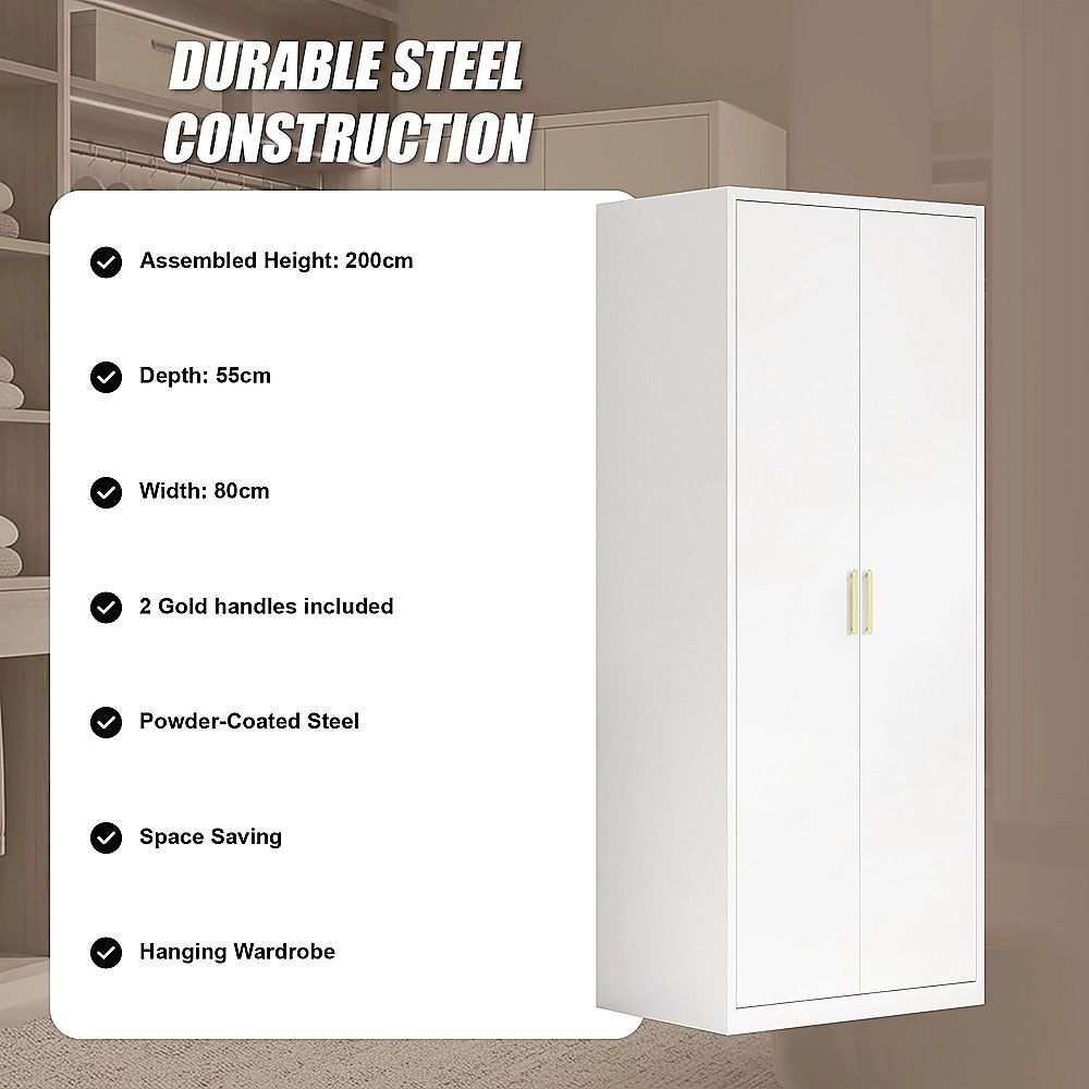 80x200cm 2-Door White Steel Hanging Wardrobe with Gold Handle Storage Cabinet