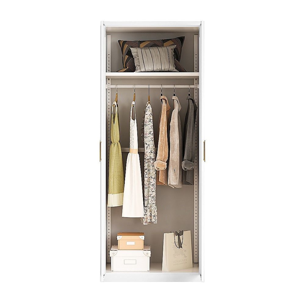 80x200cm 2-Door White Steel Hanging Wardrobe with Gold Handle Storage Cabinet