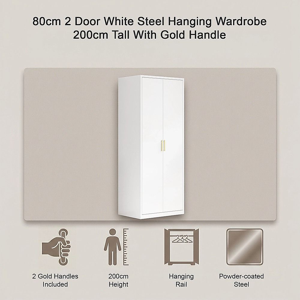 80x200cm 2-Door White Steel Hanging Wardrobe with Gold Handle Storage Cabinet