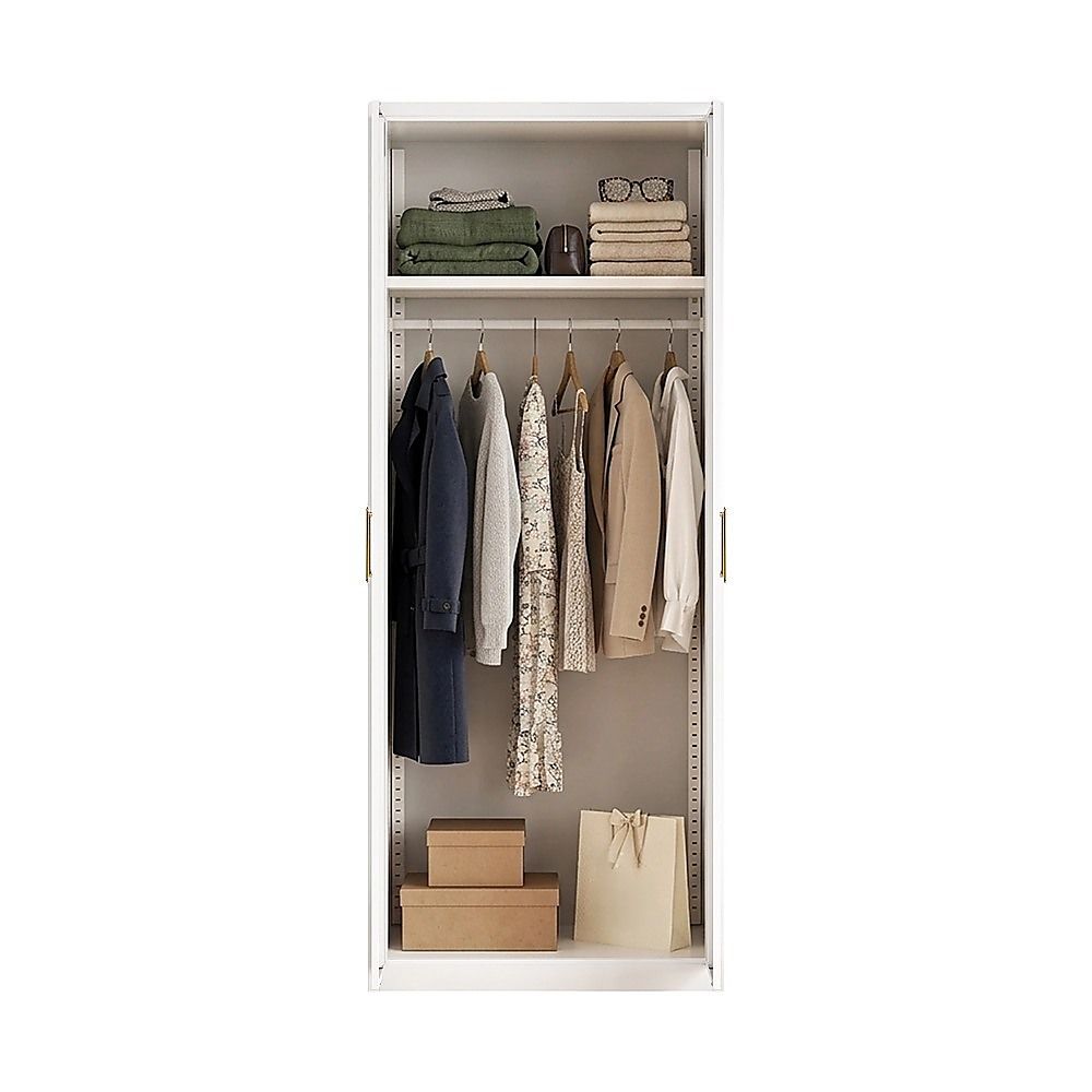 80x200cm 2-Door White Steel Hanging Wardrobe with Gold Handle Storage Cabinet