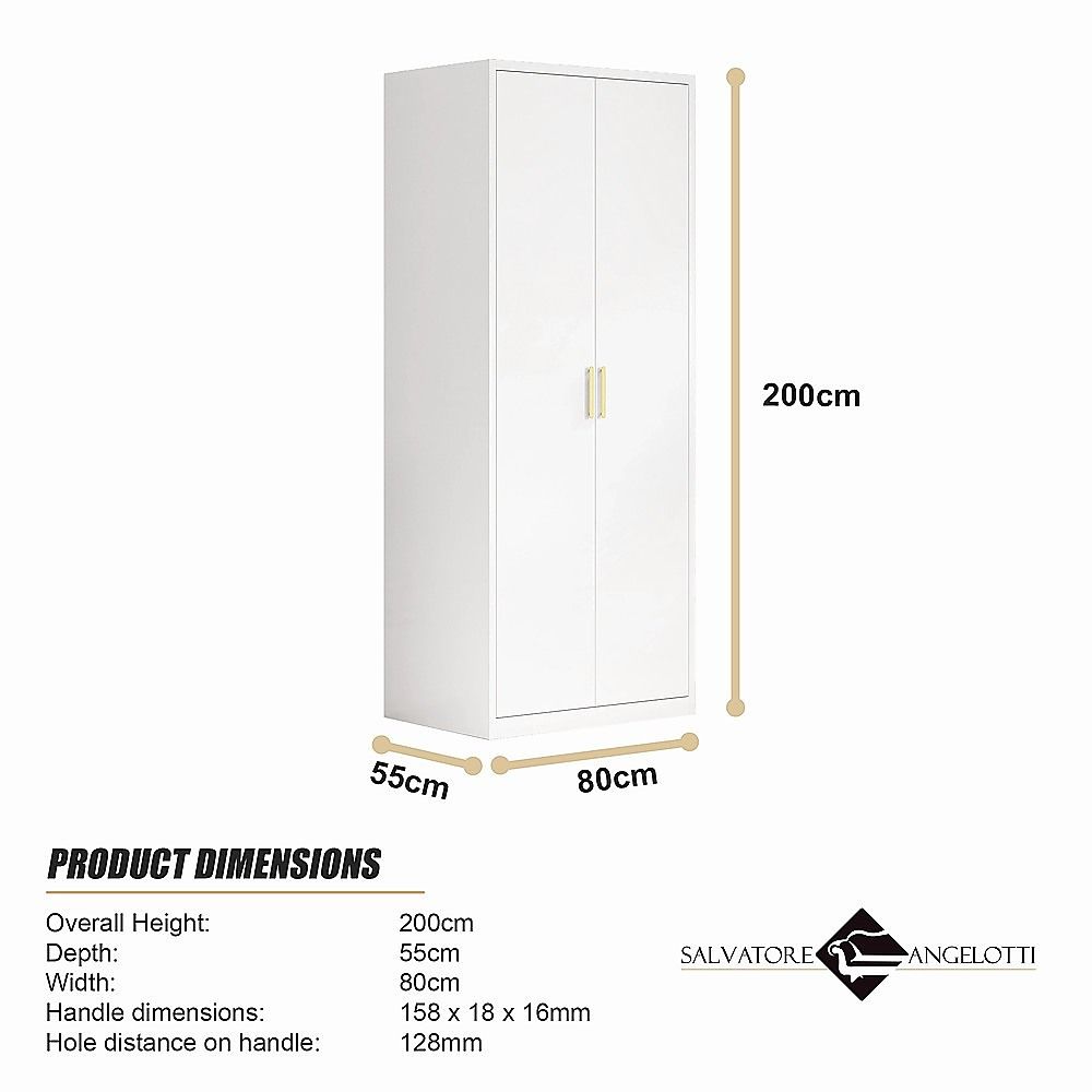 80x200cm 2-Door White Steel Hanging Wardrobe with Gold Handle Storage Cabinet