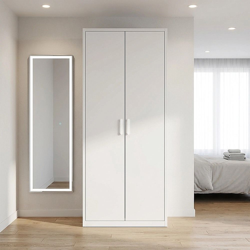 80x200cm 2-Door White Steel Hanging Wardrobe with White Handle Storage Cabinet