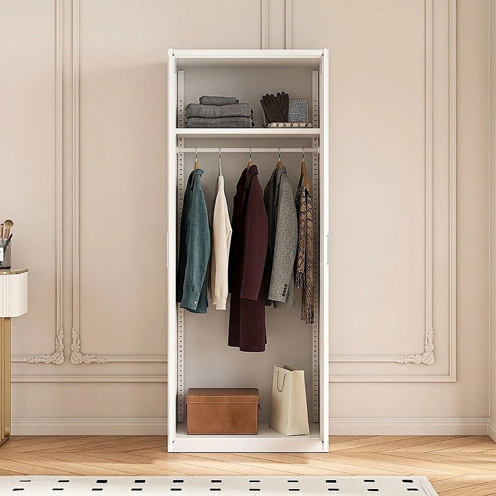 80x200cm 2-Door White Steel Hanging Wardrobe with White Handle Storage Cabinet