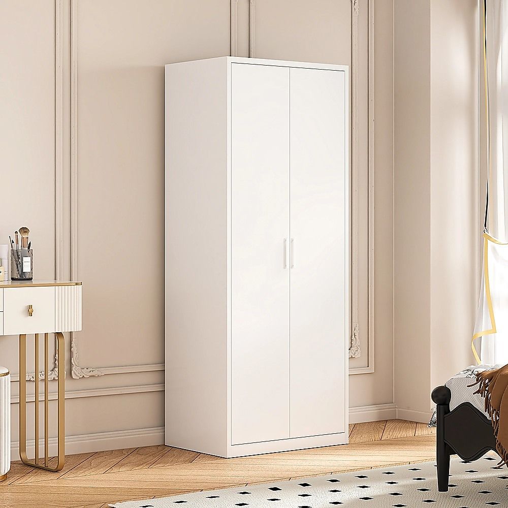 80x200cm 2-Door White Steel Hanging Wardrobe with White Handle Storage Cabinet