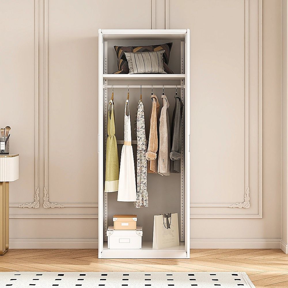 80x200cm 2-Door White Steel Hanging Wardrobe with White Handle Storage Cabinet