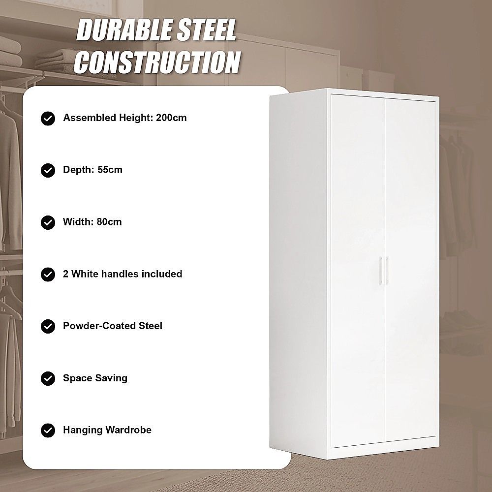 80x200cm 2-Door White Steel Hanging Wardrobe with White Handle Storage Cabinet