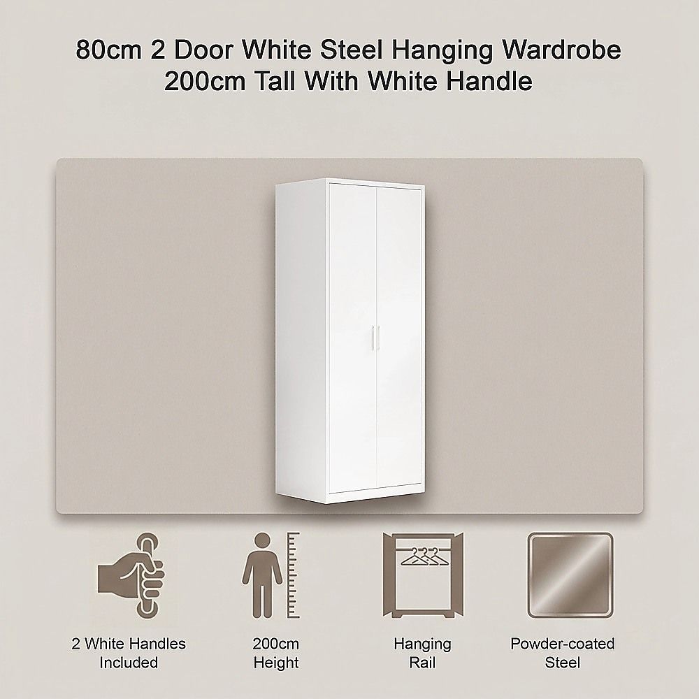 80x200cm 2-Door White Steel Hanging Wardrobe with White Handle Storage Cabinet