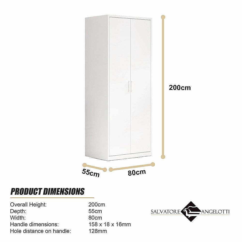 80x200cm 2-Door White Steel Hanging Wardrobe with White Handle Storage Cabinet