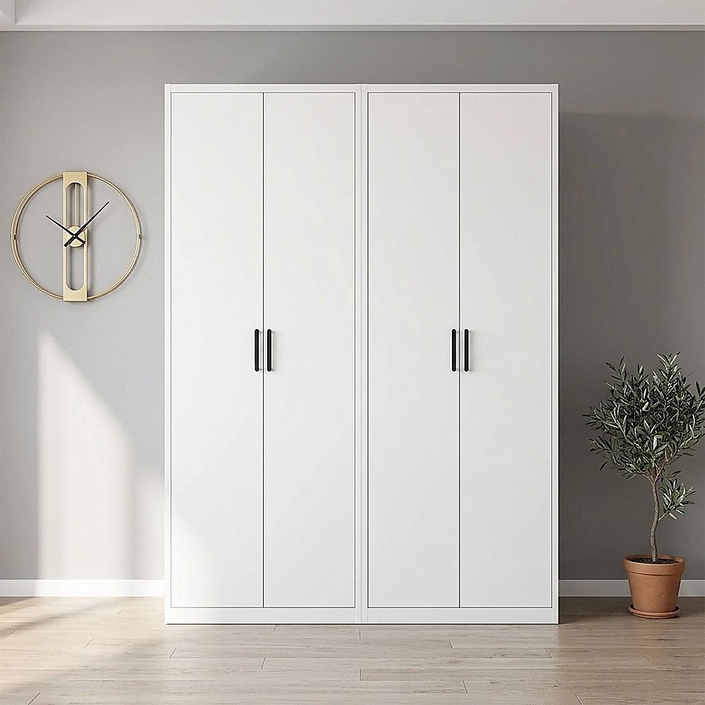 160x200cm 4-Door White Steel Hanging Wardrobe with Black Handle Storage Cabinet