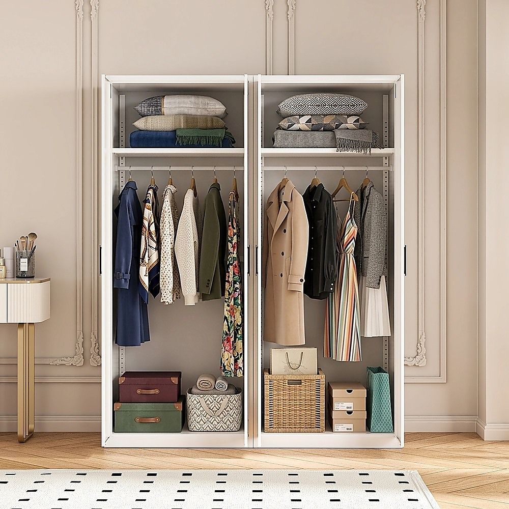 160x200cm 4-Door White Steel Hanging Wardrobe with Black Handle Storage Cabinet