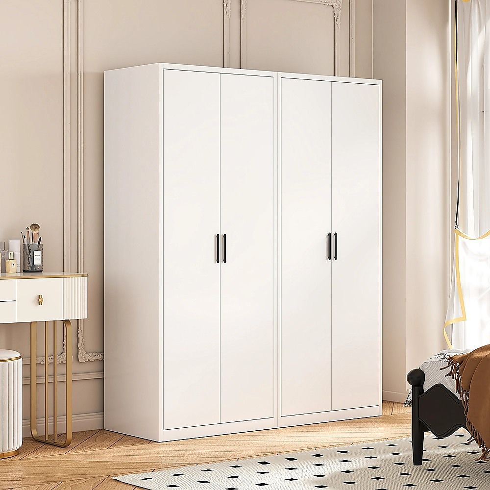 160x200cm 4-Door White Steel Hanging Wardrobe with Black Handle Storage Cabinet
