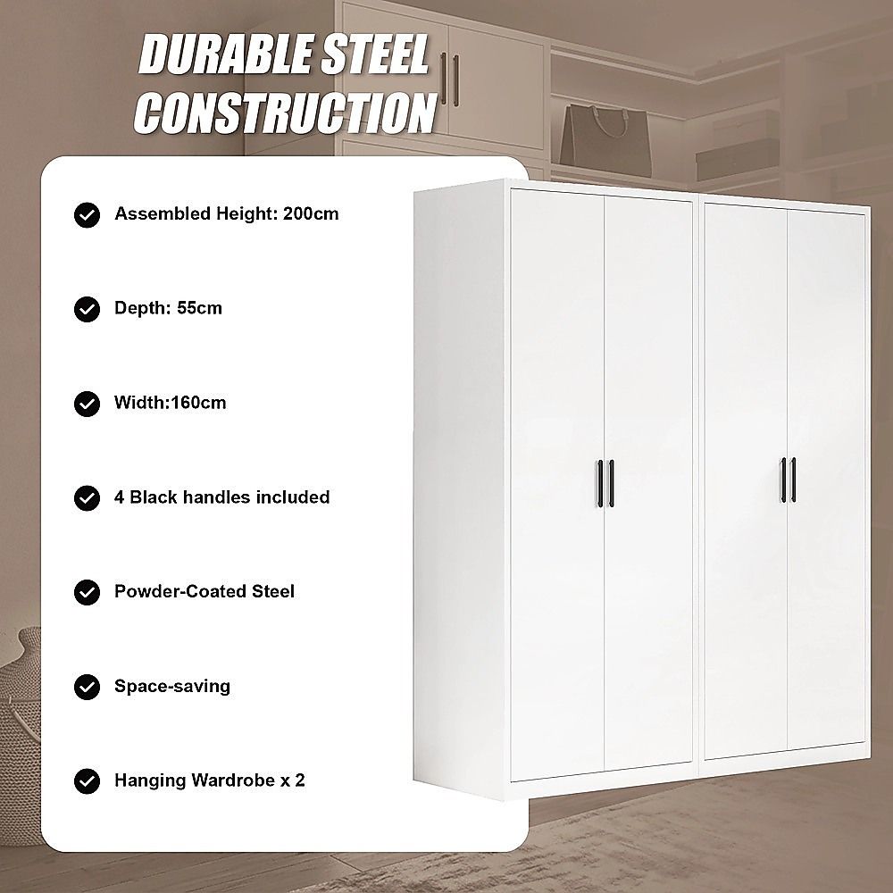 160x200cm 4-Door White Steel Hanging Wardrobe with Black Handle Storage Cabinet