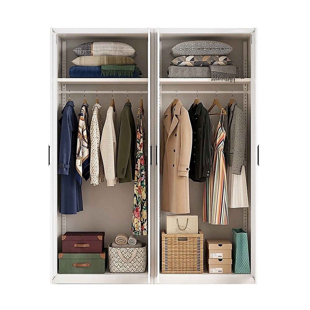 160x200cm 4-Door White Steel Hanging Wardrobe with Black Handle Storage Cabinet