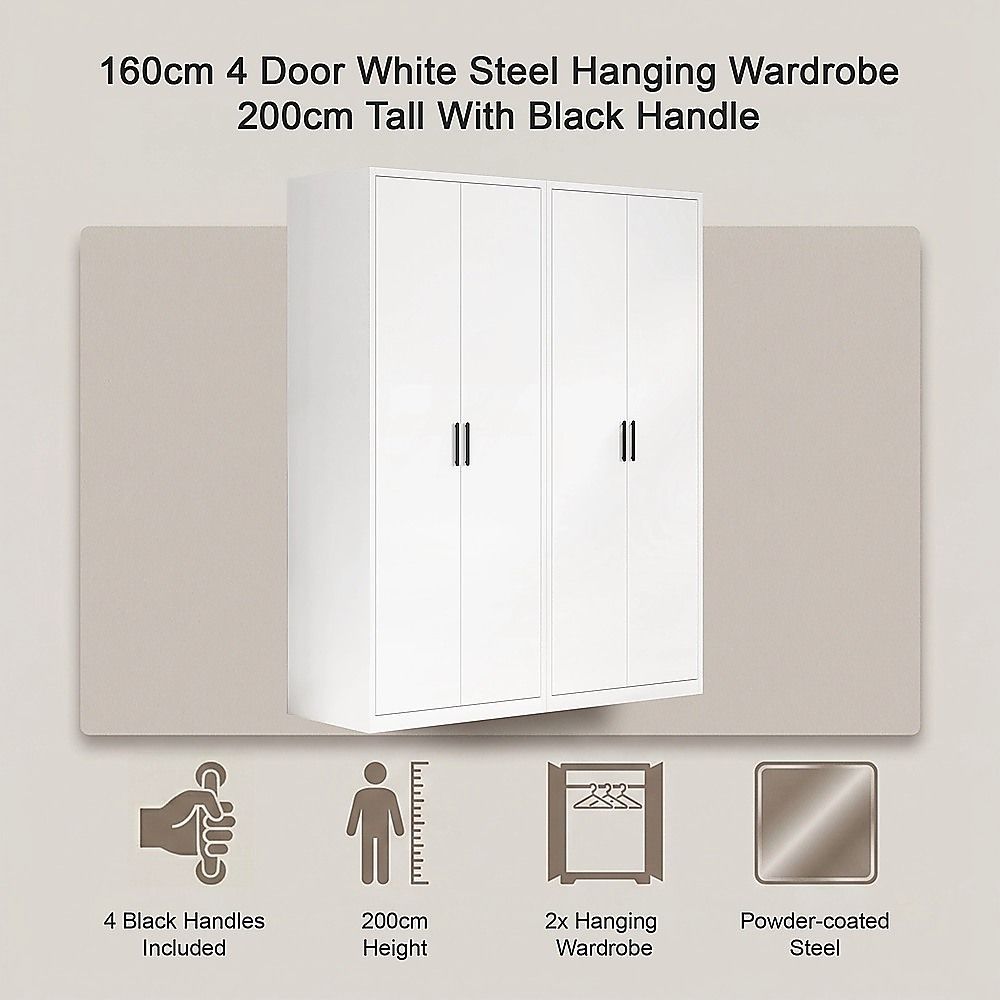 160x200cm 4-Door White Steel Hanging Wardrobe with Black Handle Storage Cabinet