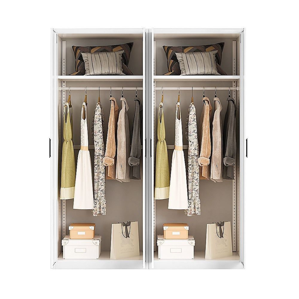 160x200cm 4-Door White Steel Hanging Wardrobe with Black Handle Storage Cabinet