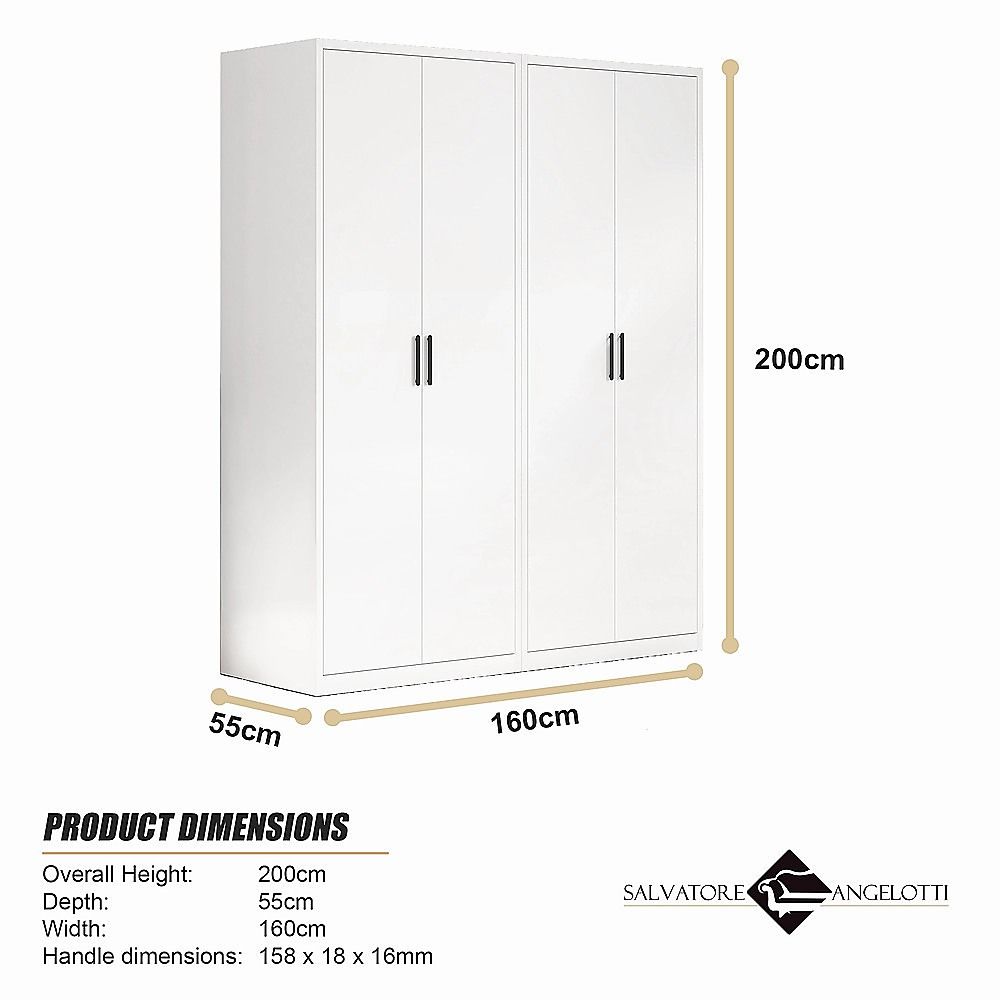 160x200cm 4-Door White Steel Hanging Wardrobe with Black Handle Storage Cabinet