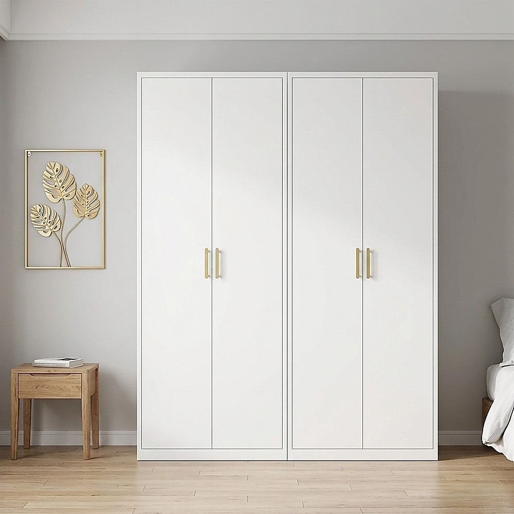 160x200cm 4-Door White Steel Hanging Wardrobe with Gold Handle Storage Cabinet