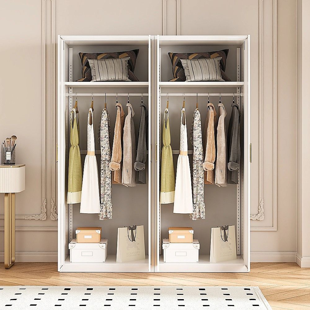 160x200cm 4-Door White Steel Hanging Wardrobe with Gold Handle Storage Cabinet